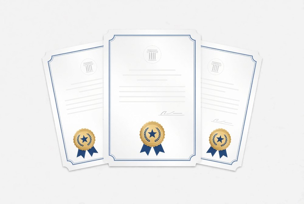 License certificates fanned out with foil seals